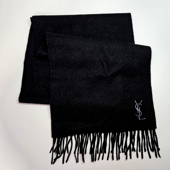 Yves Saint Laurent YSL Pour Homme Black Wool Rectangle Logo Fringe Scarf - Picture 1 of 6